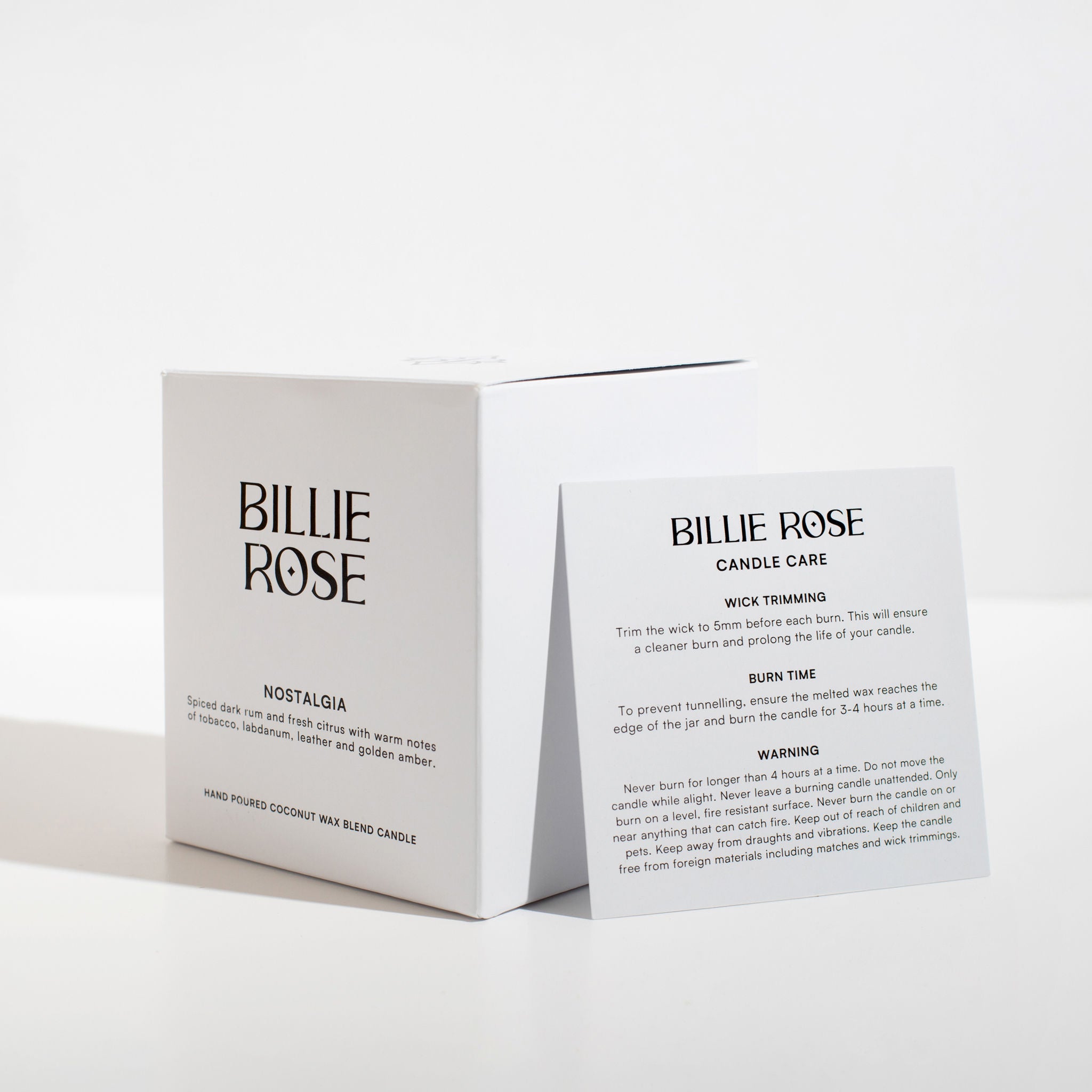 Billie Rose candle packaging with instructions on a white background