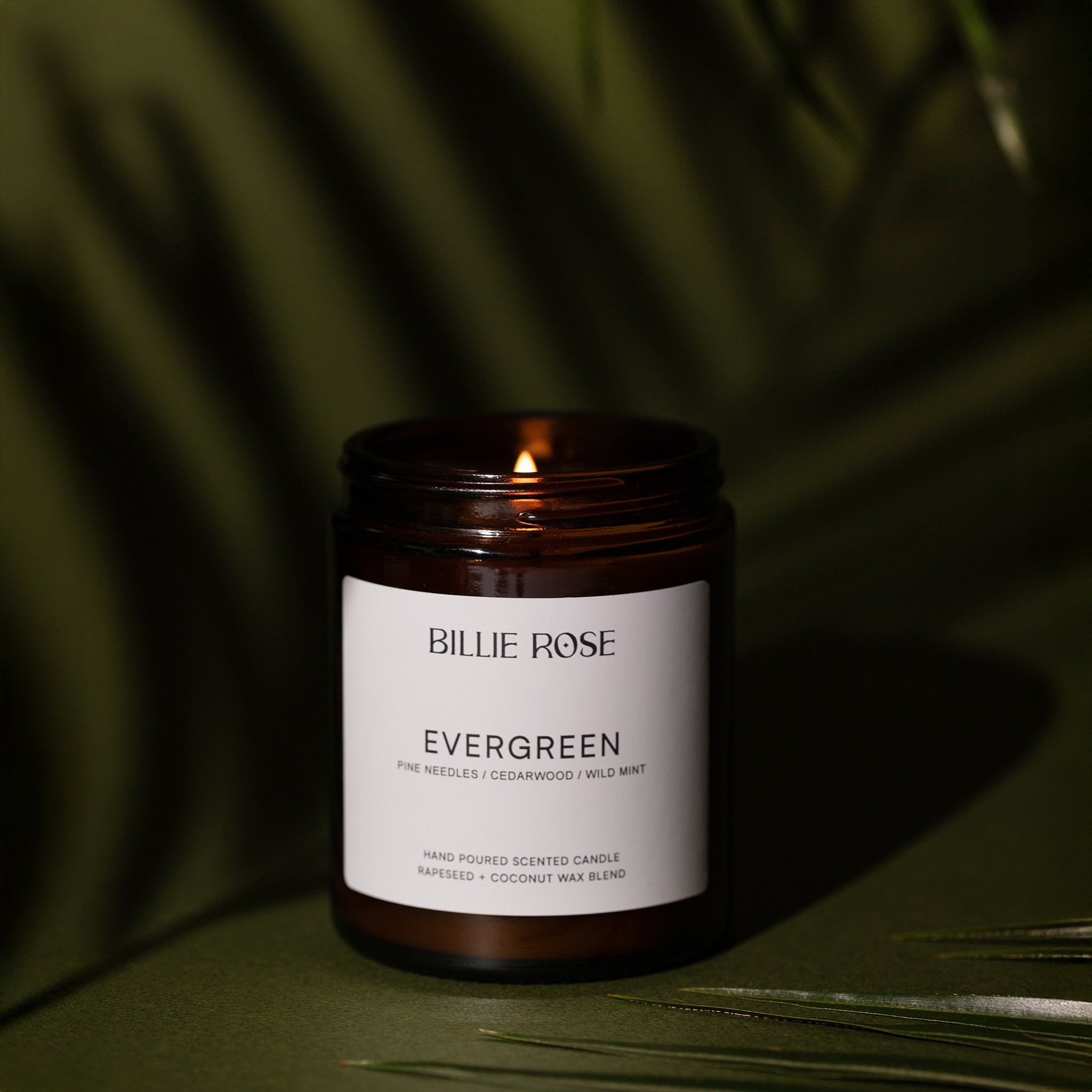 lit scented candle on green background with tree shadows