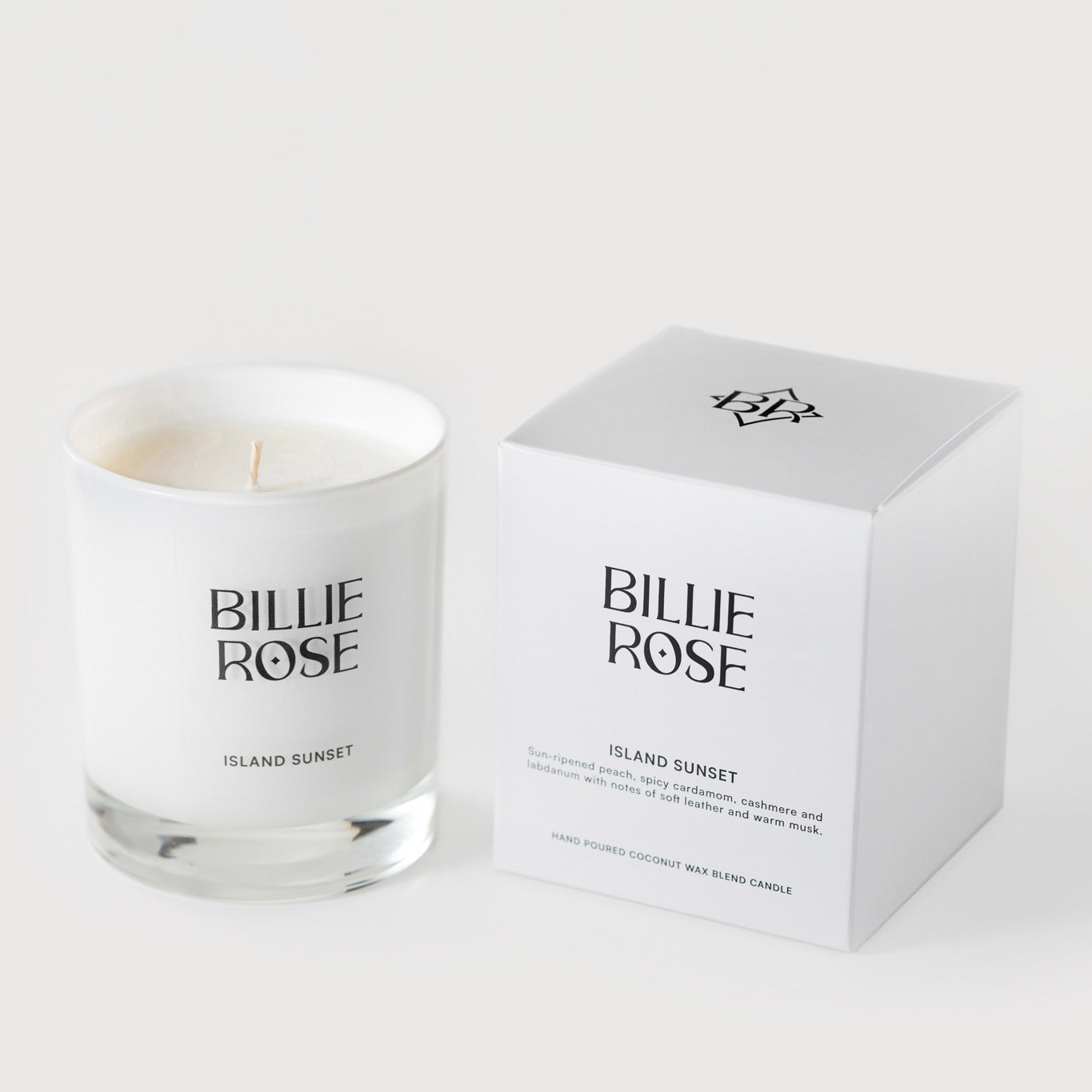 Billie Rose candle and packaging on a white background
