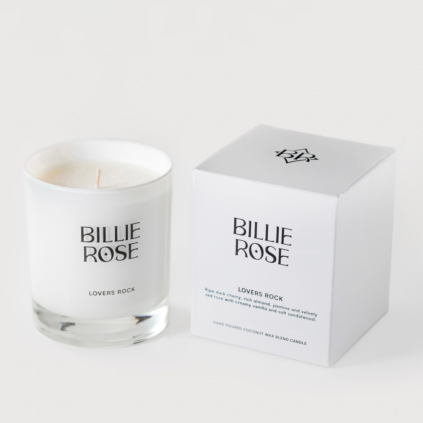 Billie Rose candle and packaging on a white background