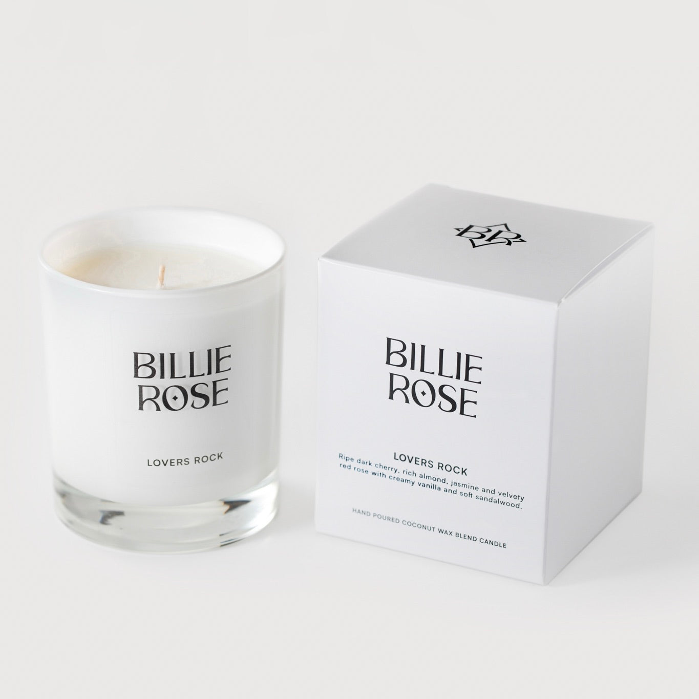 Billie Rose candle and packaging on a white background