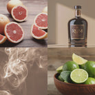 Collage of a bottle of rum, sliced grapefruits, green limes, and smoke.