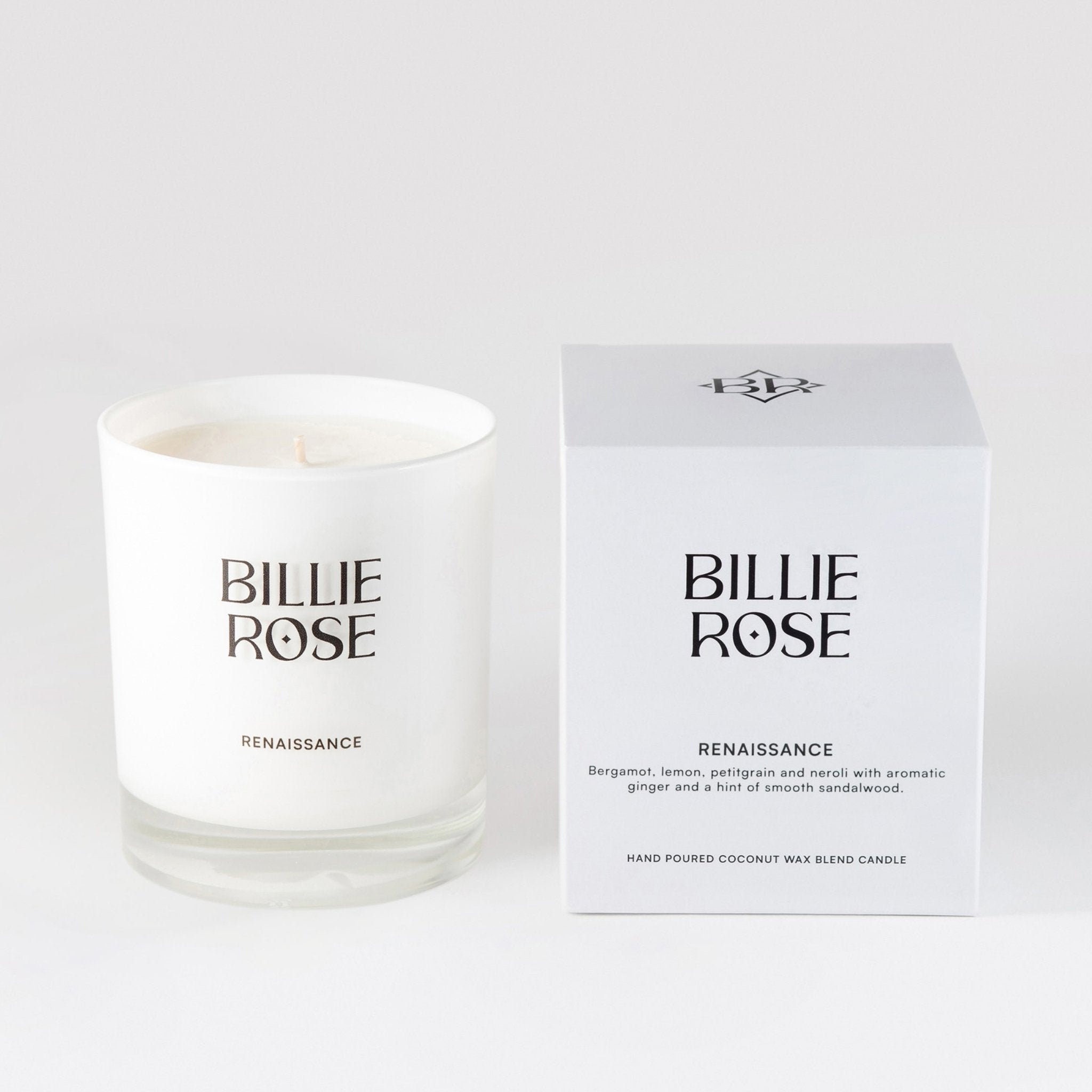 Billie Rose candle and packaging on a white background