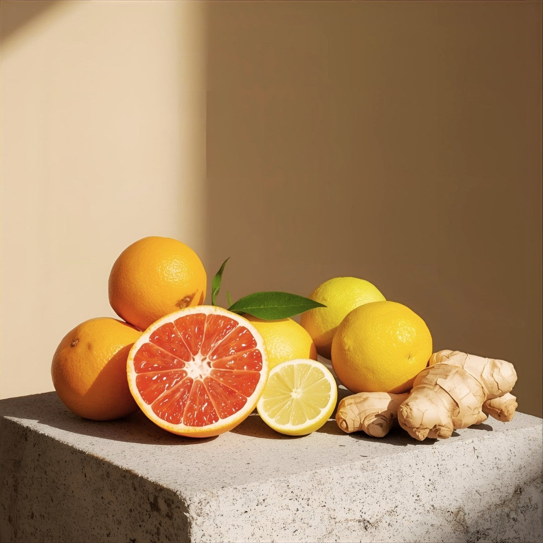 Citrus fruits including oranges and lemons, with ginger on a stone surface.