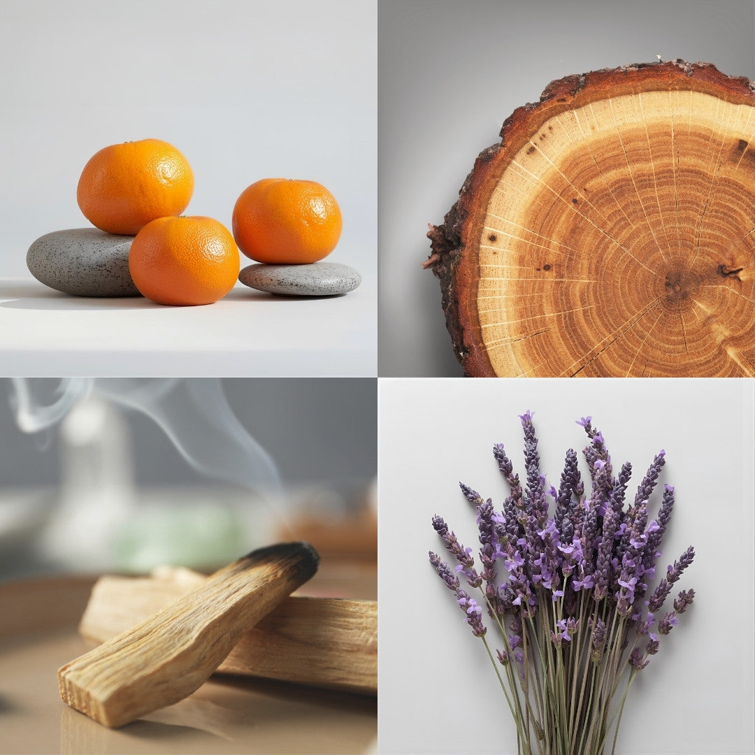 4 pictures mandarins on stones, lavender bundle, wooden log, smoked wood on tray