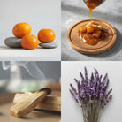 Collage of four images: mandarins on stones, caramel drizzling over fruit, wooden logs with smoke, and lavender flowers.