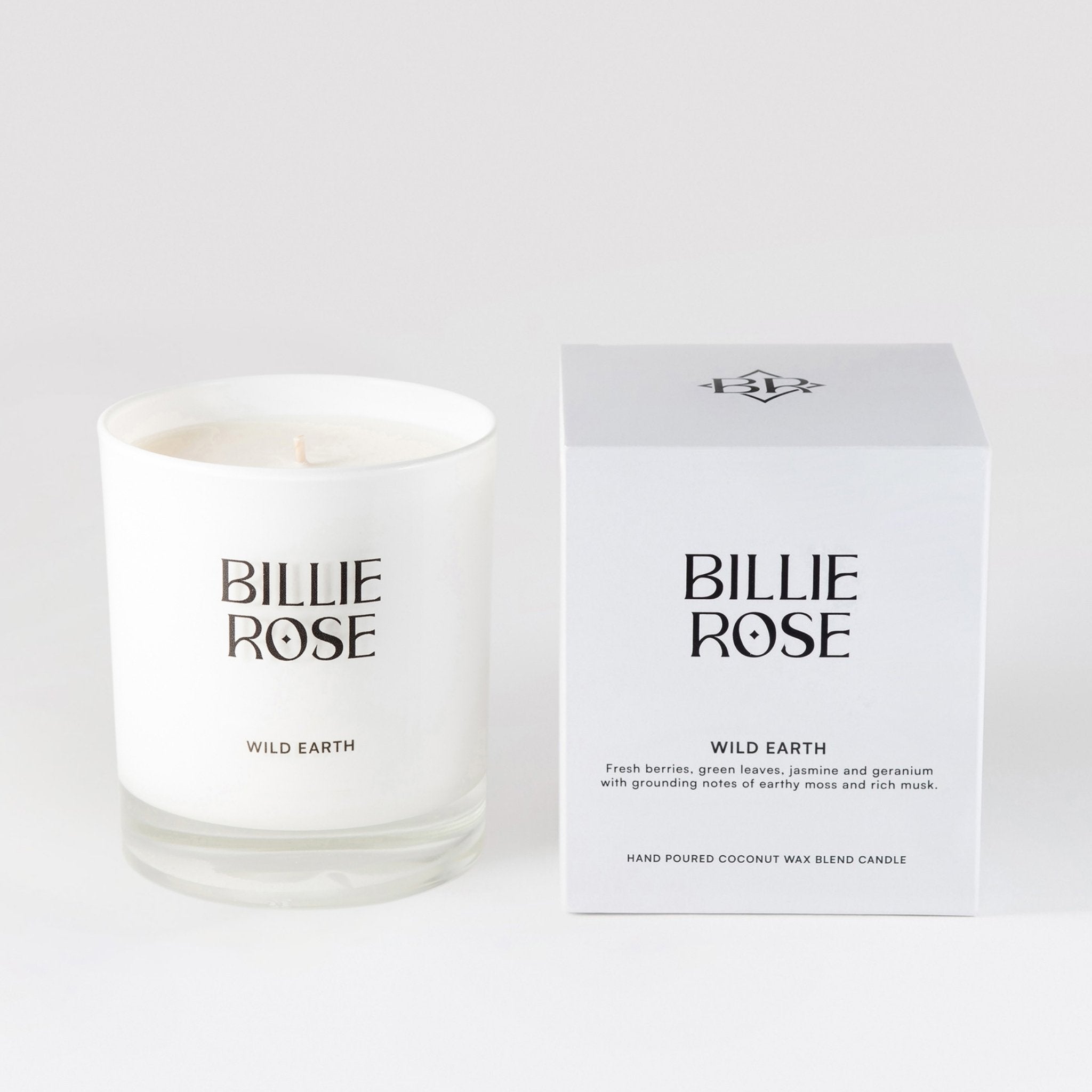 Billie Rose candle and packaging on a white background