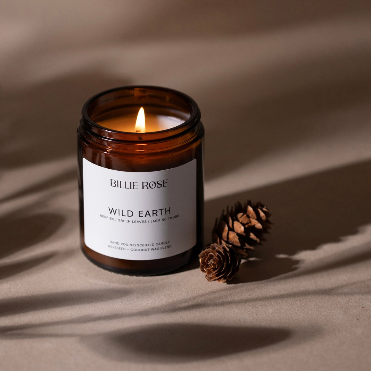 Billie Rose Wild Earth candle with a pine cone on a beige background