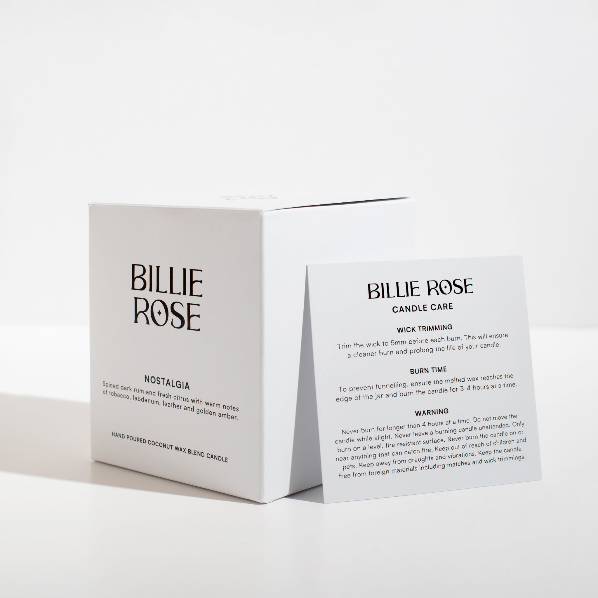 Billie Rose box and candle care packaging with instructions on a white background