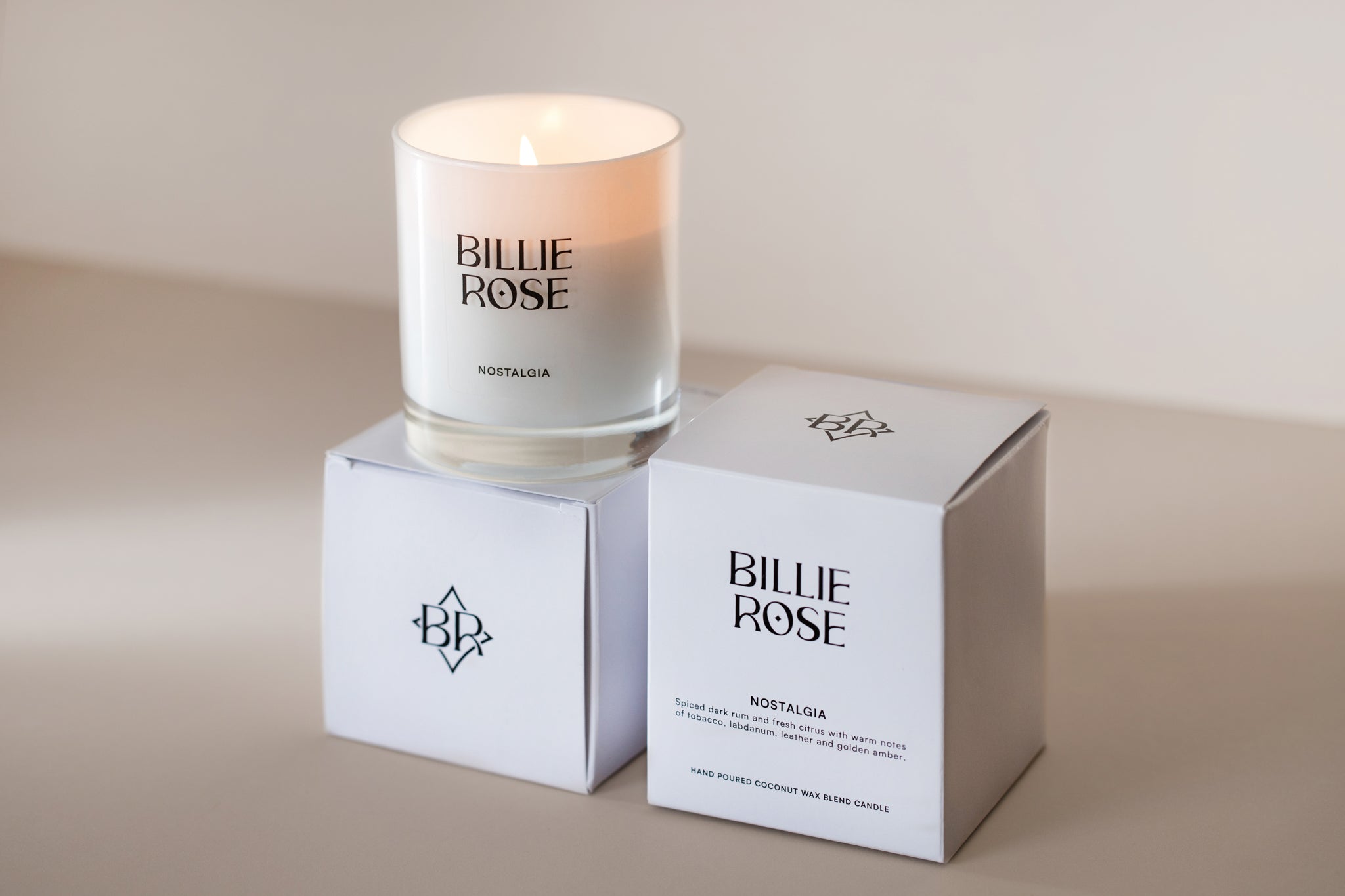 Billie Rose candle and packaging on a neutral background