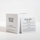 Billie Rose candle packaging with instructions on a white background
