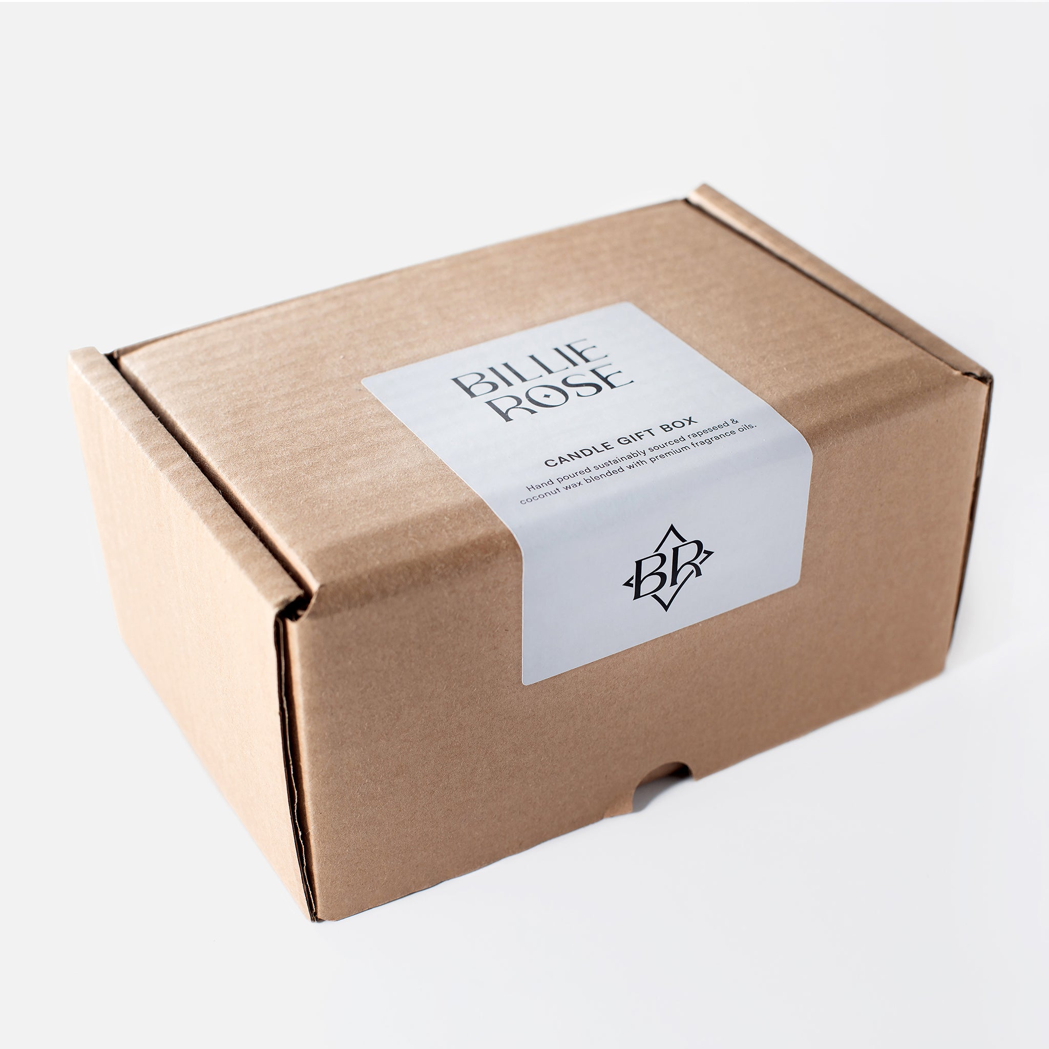 Brown Kraft cardboard gift box with 'Billie Rose' label on a white background