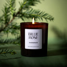 A lit Billie Rose Evergreen hand poured scented candle in a dark amber glass jar, styled with pine branches against a soft olive green background.