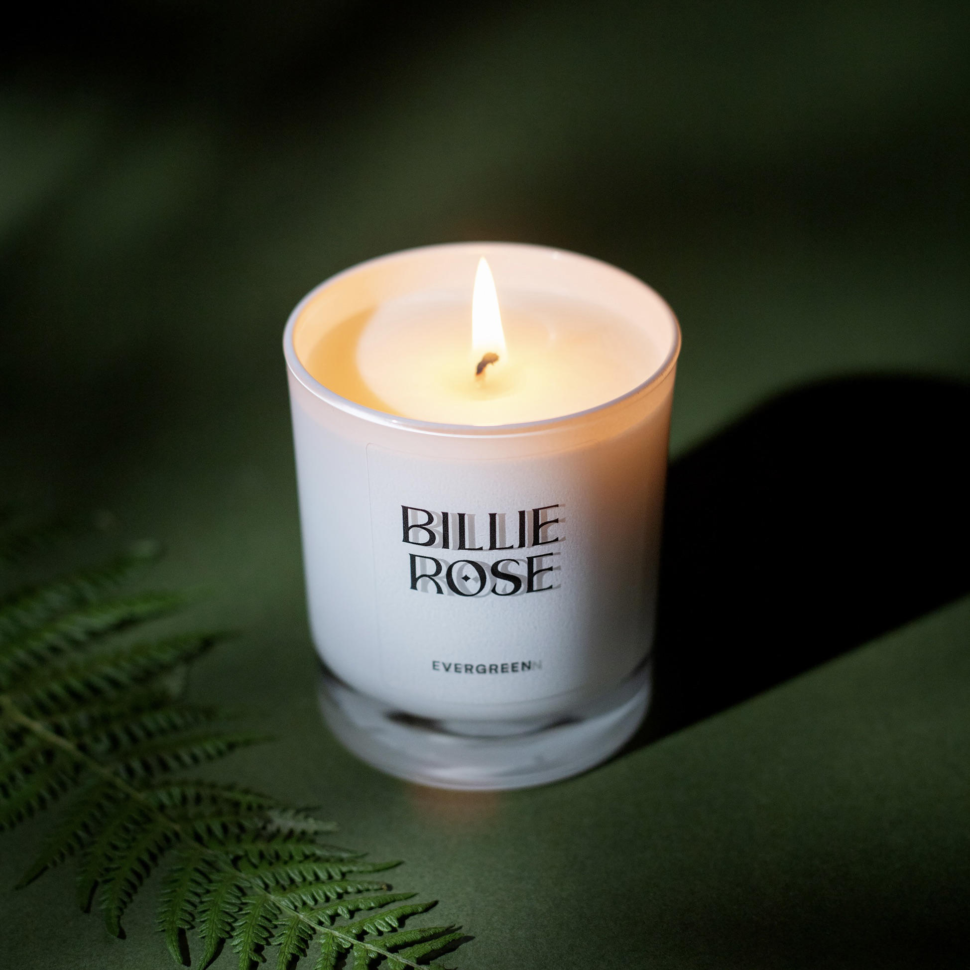 Billie Rose Evergreen candle with a green leafy background