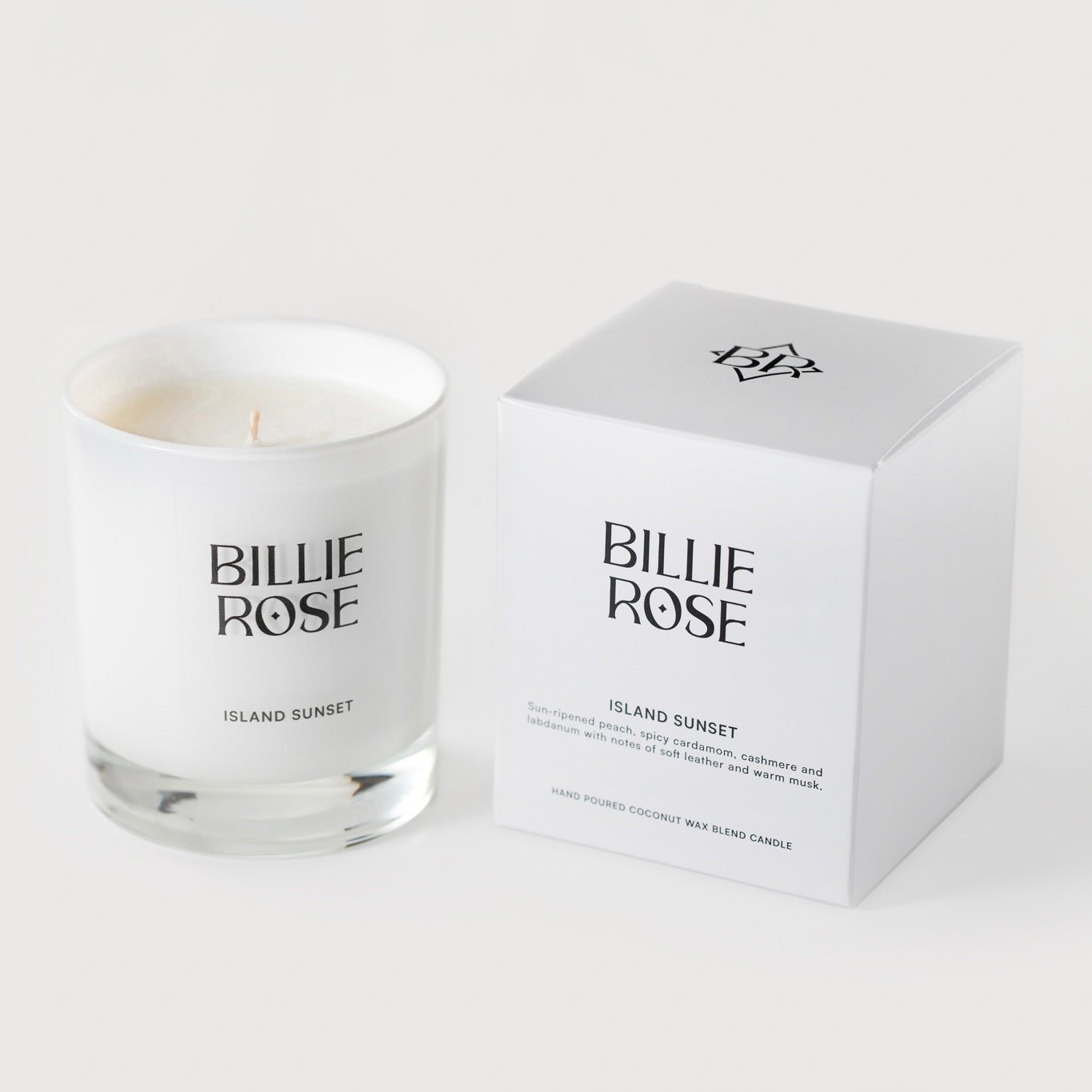 Billie Rose candle and packaging on a white background