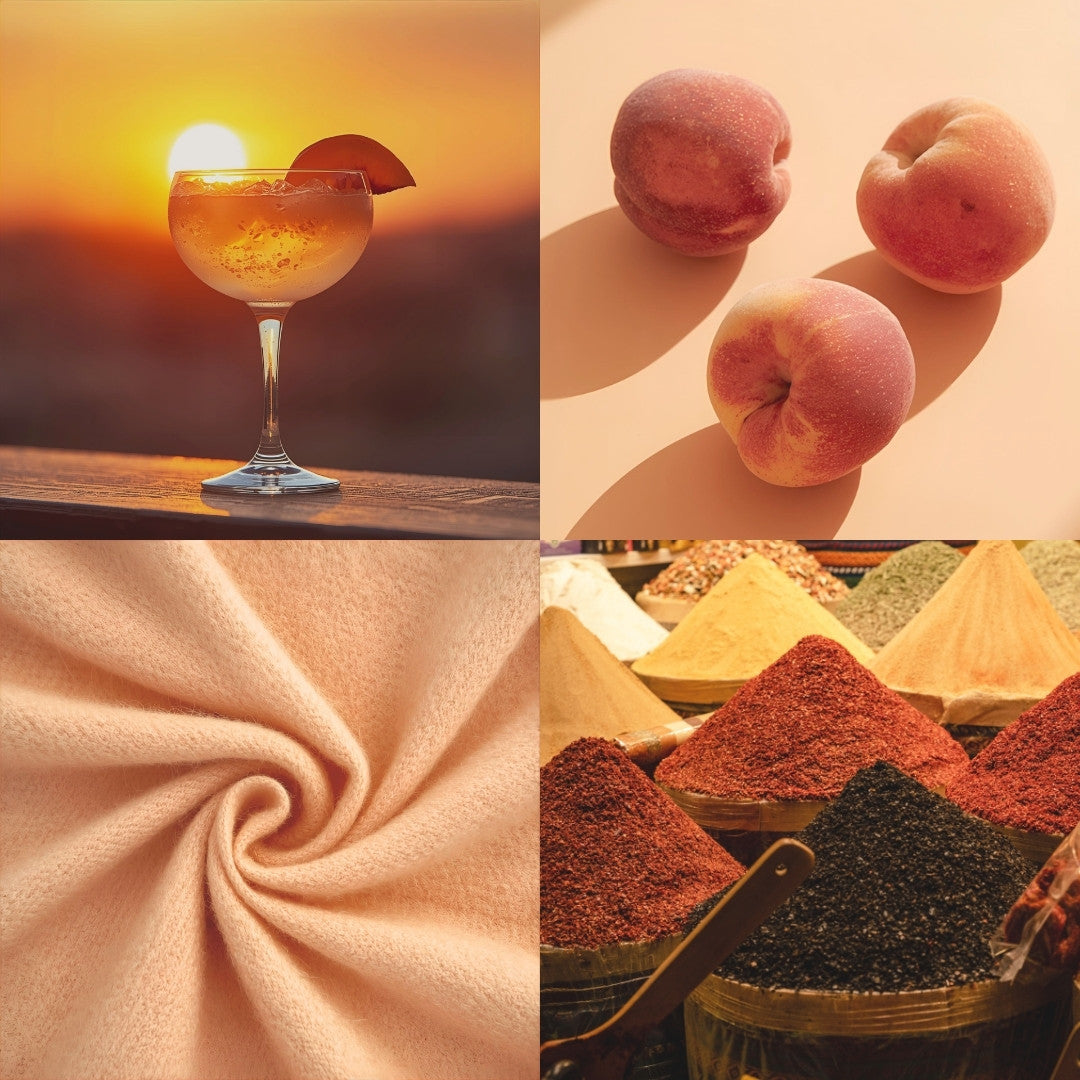 Collage of a cocktail, peaches, fabric texture, and spices with a warm colour palette.