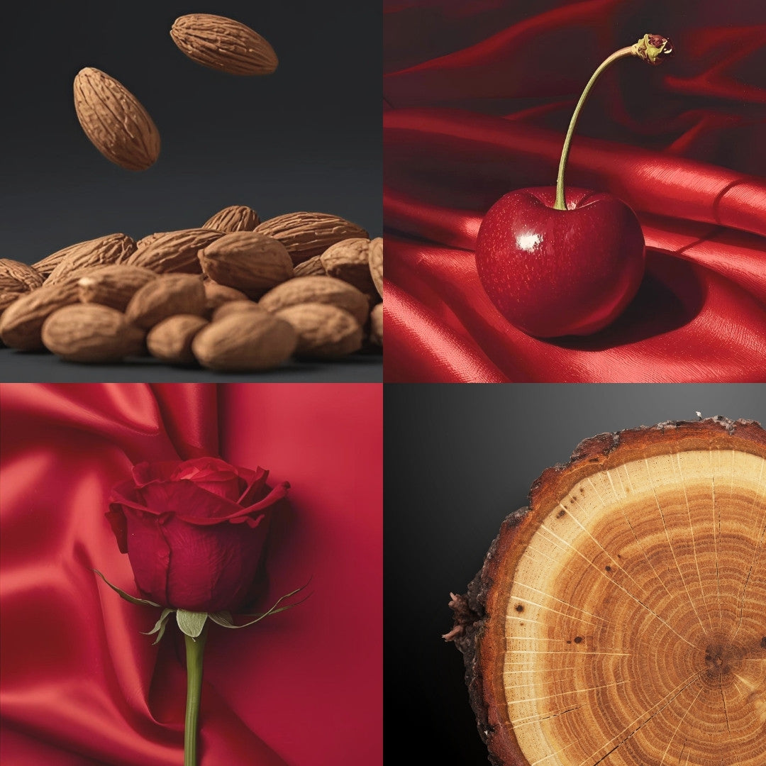 Four images: almonds, a cherry, a red rose, and a wooden log.