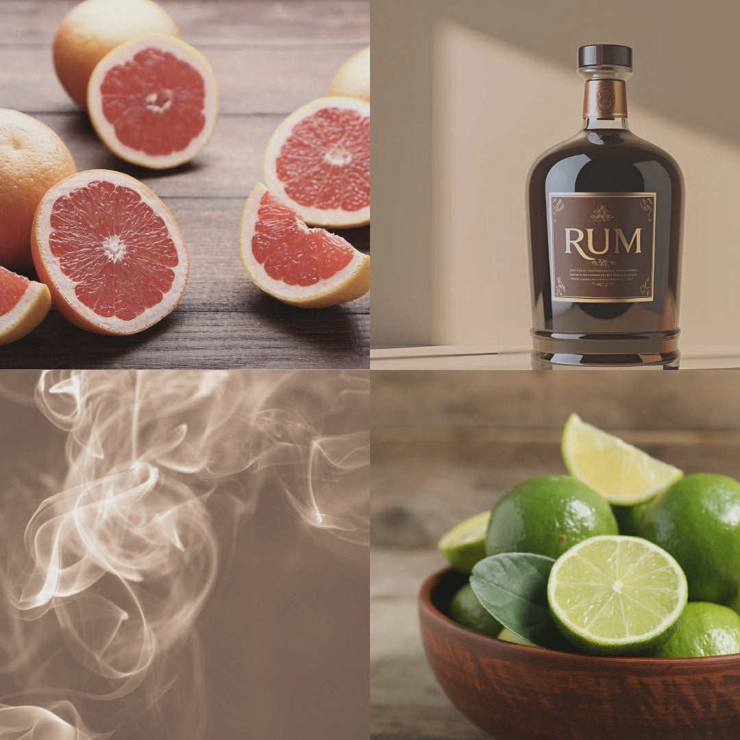 Collage of a bottle of rum, sliced grapefruits, green limes, and smoke.