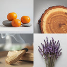 4 pictures mandarins on stones, lavender bundle, wooden log, smoked wood on tray