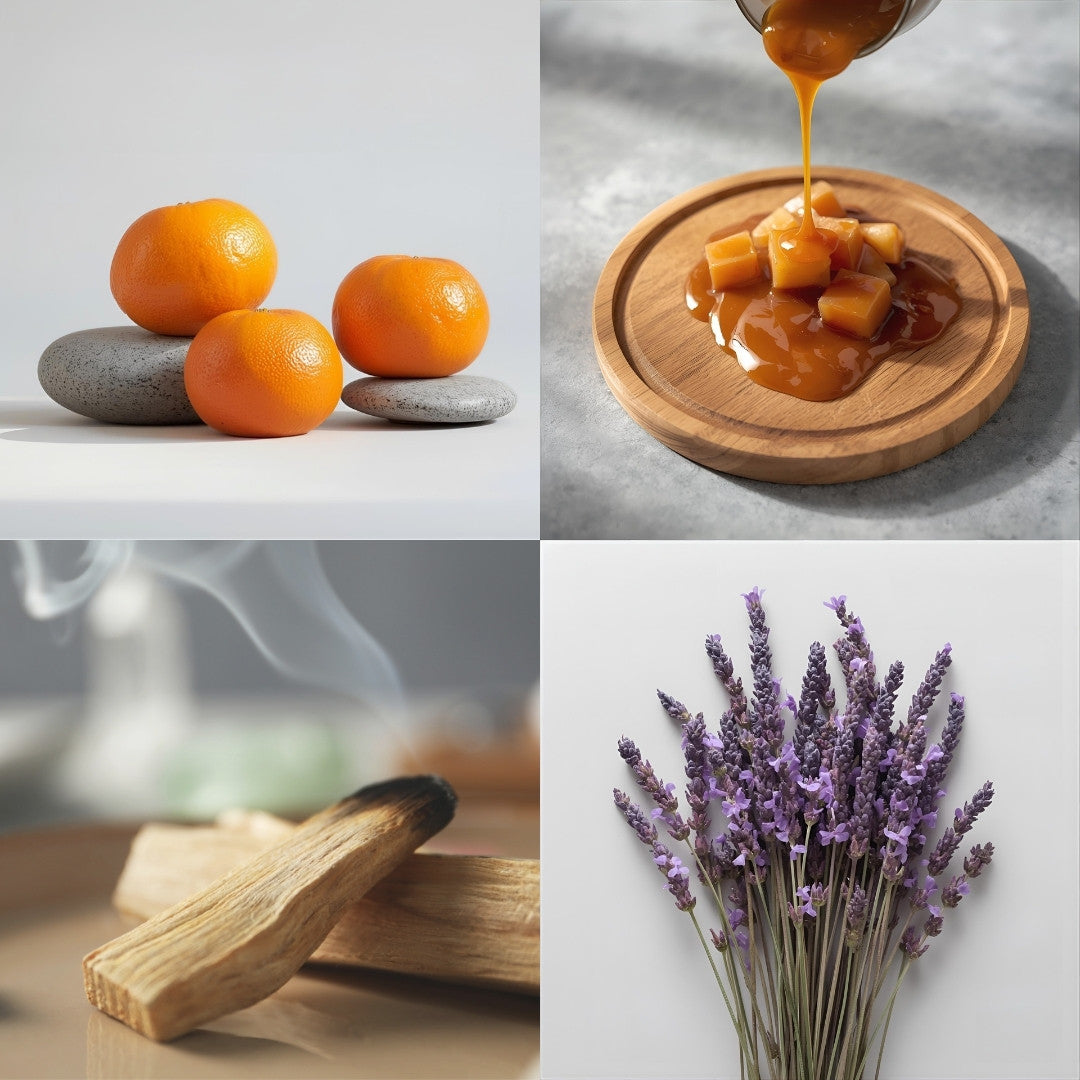 Collage of four images: mandarins on stones, caramel drizzling over fruit, wooden logs with smoke, and lavender flowers.