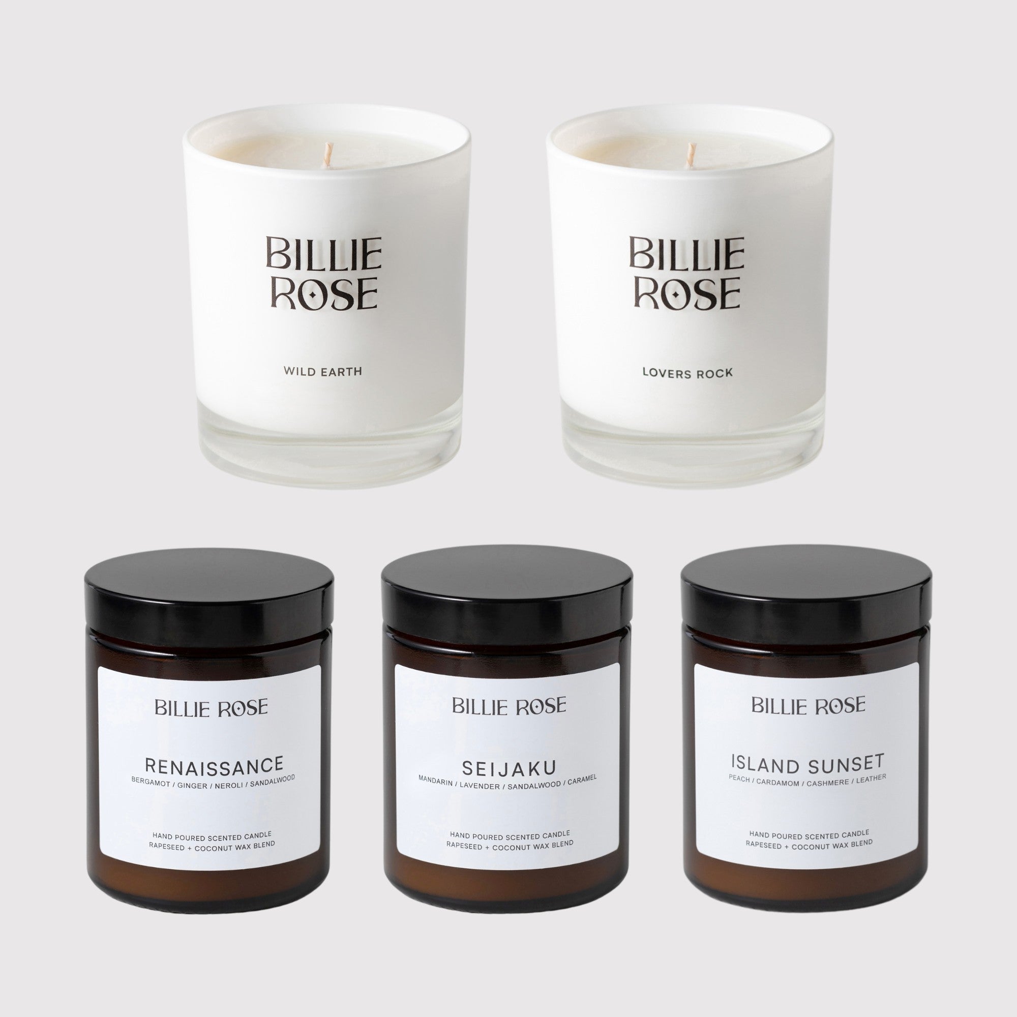 Collection of Billie Rose candles and jars on a light grey background