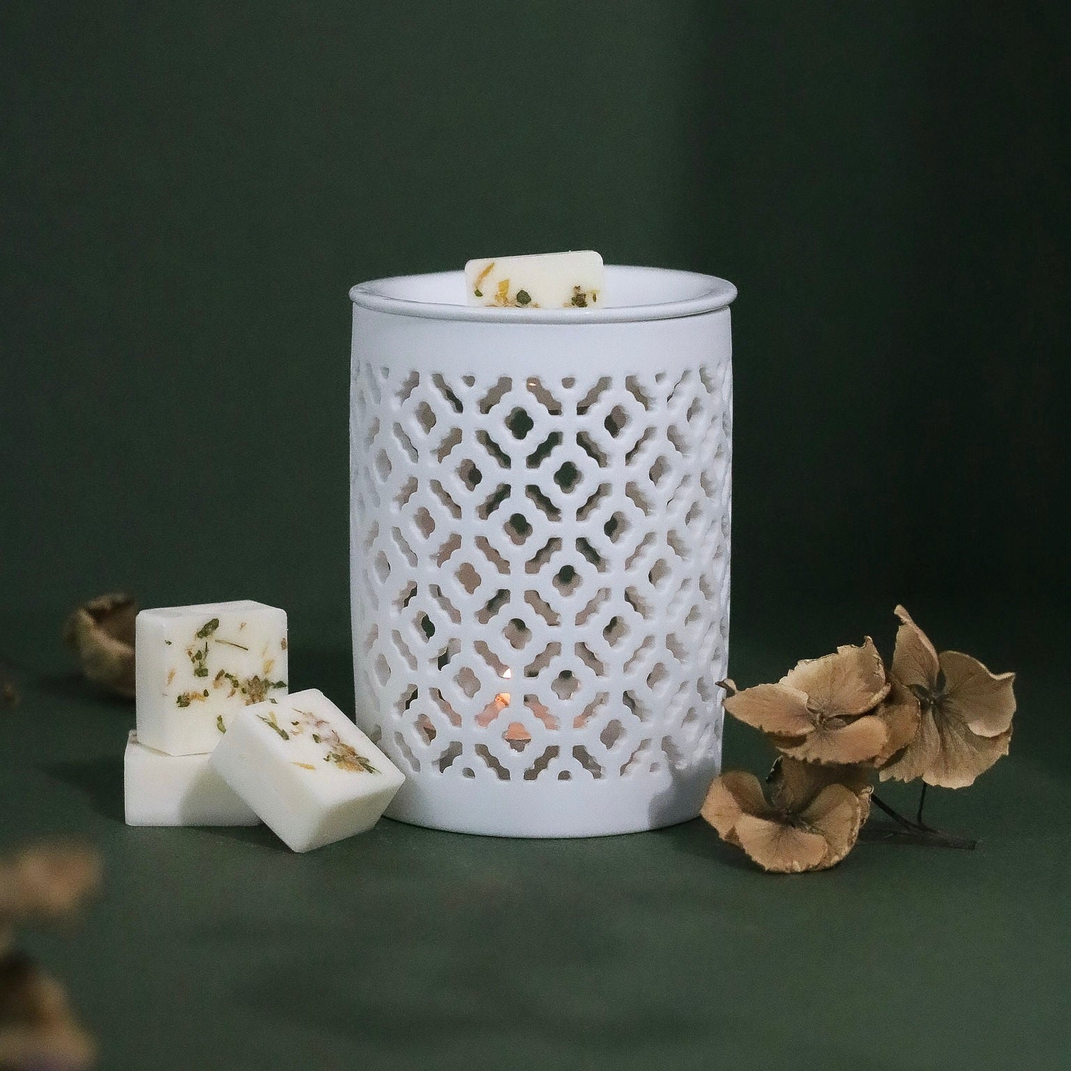 wax burner surrounded by botanical wax melts