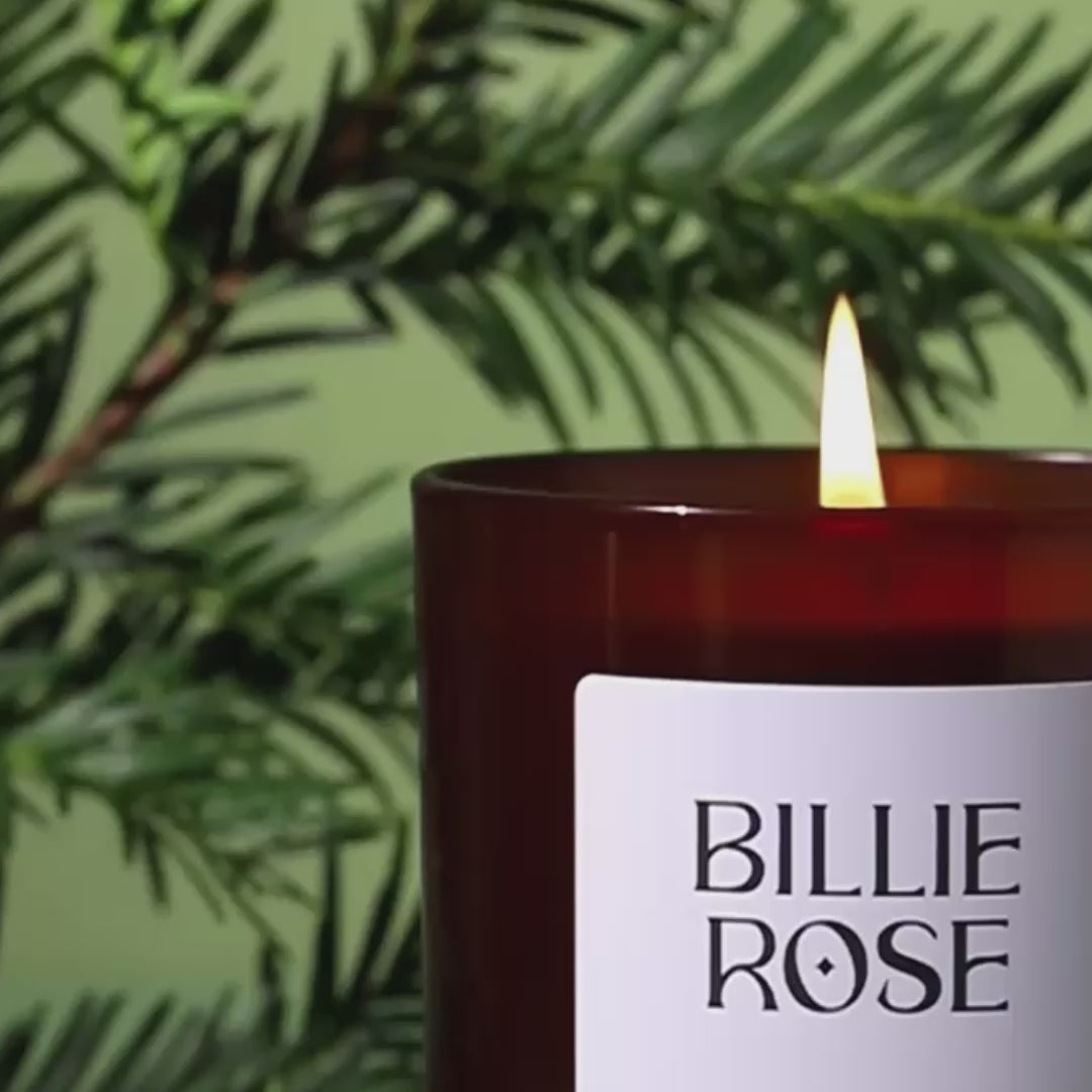 video of Billie Rose Evergreen candle with flame flickering and pine branches and shadows moving softly in the background